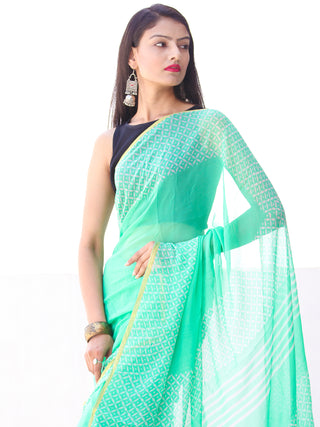 Greeen White Hand Block Printed Chiffon Saree with Zari Border - S031703914