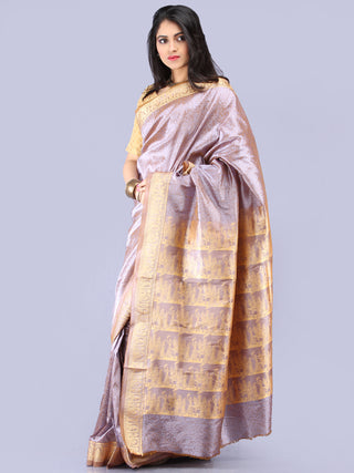 Banarasee Semi Silk Self Weave Saree With Resham Border - Dual Tone Silver & Steel Blue - S031704291
