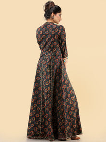 Nazia- Hand Block Printed Long Cotton Dress With Embroidered Yoke - D385F1820