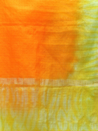 Kota Doria Tie & Die Dupatta  With Zari Border - Parrot Green & Orange - D04170895