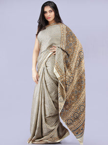 Ivory Indigo Mustard Ajrakh Hand Block Printed Modal Silk Saree - S031704232