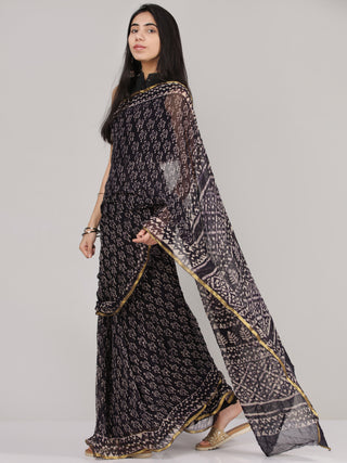 Black OffWhite Hand Block Printed Chiffon Saree With Zari Border - S031704685