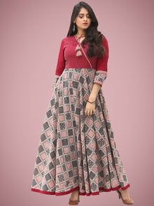 Fiza - Maroon Beige Hand Block Bagh Printed Urave Cut Long Dress - D397F2088