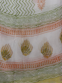 White Yellow Green Hand Block Printed Cotton Suit-Salwar Fabric With Chiffon Dupatta (Set of 3) - S16281280