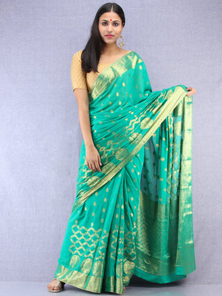 Banarasee Chiffon Saree With Golden Zari Weave - Sea Green & Gold - S031704403