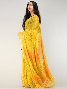 Yellow Green Hand Block Printed Chiffon Saree with Zari Border - S031704556