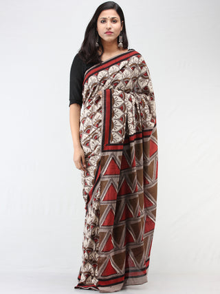 Beige Brown Red Hand Block Printed Cotton Mul Saree - S031704454