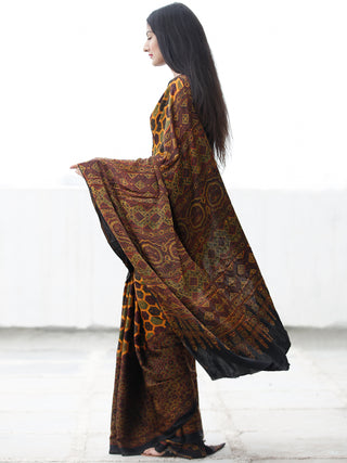 Yellow Green Black Maroon Ajrakh Hand Block Printed Modal Silk Saree in Natural Colors - S031703697