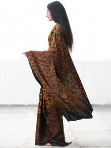 Yellow Green Black Maroon Ajrakh Hand Block Printed Modal Silk Saree in Natural Colors - S031703697