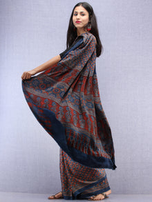 Red Beige Indigo Ajrakh Hand Block Printed Modal Silk Saree - S031704446
