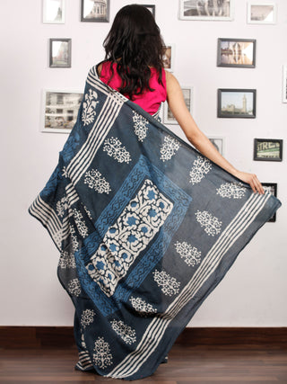 Indigo White Grey Hand Block Printed Cotton Mul Saree - S031703483