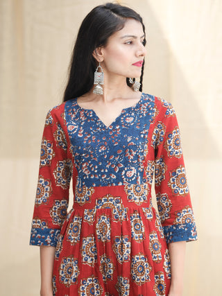 Indigo Red - Hand Block Printed Cotton Long Dress With Pockets  - D339F1825