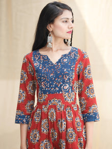 Indigo Red - Hand Block Printed Cotton Long Dress With Pockets  - D339F1825