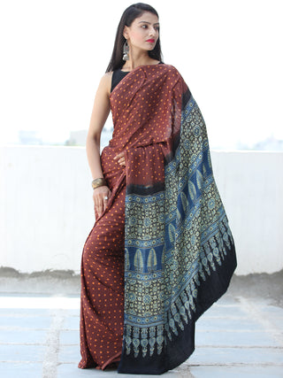 Maroon Rust Indigo Black Bandhej Modal Silk Saree With Ajrakh Printed Pallu & Blouse - S031703874