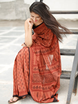 Blush Maroon Black Bagh Hand Block Printed Cotton Saree - S031703820