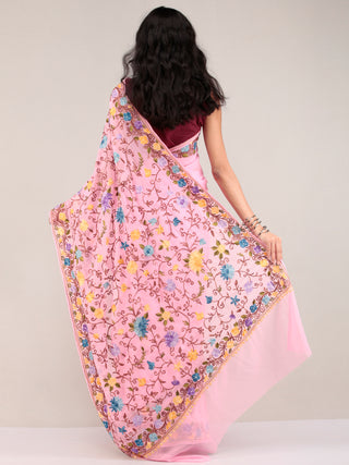 Baby Pink Aari Embroidered Georgette Saree From Kashmir - S031704626