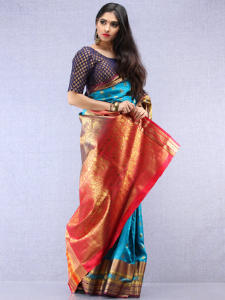 Banarasee Art Silk Saree With Resham Zari Weave - Sky blue Red & Gold - S031704380