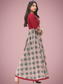 Fiza - Maroon Beige Hand Block Bagh Printed Urave Cut Long Dress - D397F2088