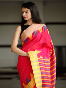 Red Yellow Purple Handwoven Linen Jamdani Saree With Tassels - S031703775