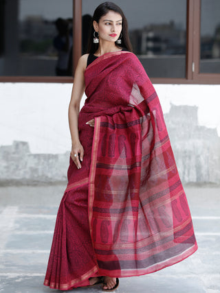 Deep Pink Indigo Bagh Hand Block Printed Maheswari Silk Saree With Resham Border - S031703829