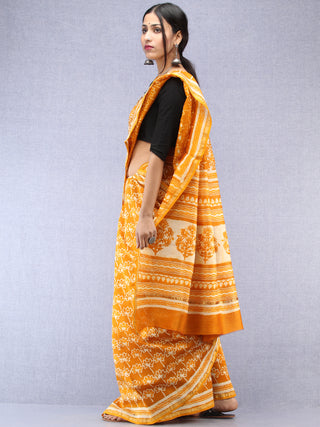 Mustard Ivory Hand Block Printed Maheshwari Silk Saree With Zari Border - S031704482