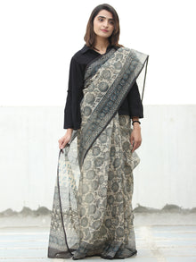 Beige Indigo Black Hand Block Printed Kota Doria Saree  - S031704071