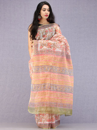 White Coral Green Hand Block Printed Kota Doria Saree - S031704586