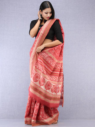 Pink Ivory Hand Block Printed Chanderi Saree With Geecha Border - S031704507