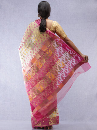 Banarasee Organza Saree With Zari & Resham Work - Ivory Pink & Gold - S031704310
