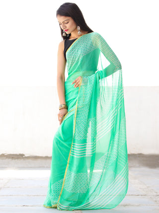 Greeen White Hand Block Printed Chiffon Saree with Zari Border - S031703914