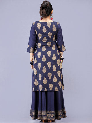Aalia - Indigo Gold Block Print Kurta & Skirt Dress With Tassels - D380F2001