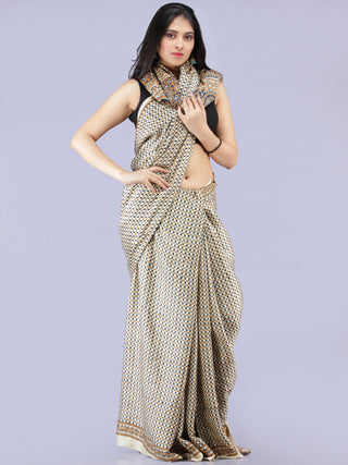 Ivory Indigo Mustard Ajrakh Hand Block Printed Modal Silk Saree - S031704232