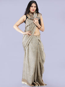 Ivory Indigo Mustard Ajrakh Hand Block Printed Modal Silk Saree - S031704232