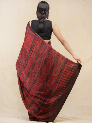 Crimson Red Black Indigo Ajrakh Hand Block Printed Modal Silk Saree - S031704153