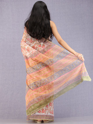 White Coral Green Hand Block Printed Kota Doria Saree - S031704586