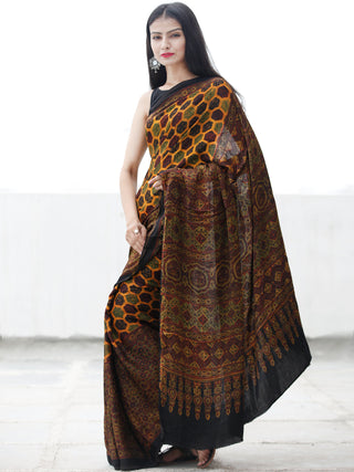 Yellow Green Black Maroon Ajrakh Hand Block Printed Modal Silk Saree in Natural Colors - S031703697