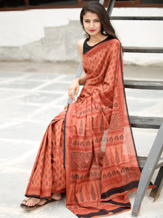 Blush Maroon Black Bagh Hand Block Printed Cotton Saree - S031703820