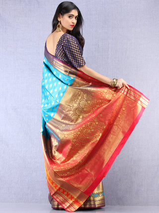 Banarasee Art Silk Saree With Resham Zari Weave - Sky blue Red & Gold - S031704380