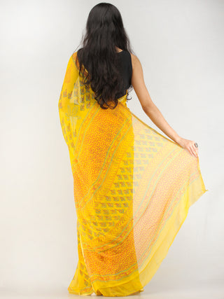 Yellow Green Hand Block Printed Chiffon Saree with Zari Border - S031704556