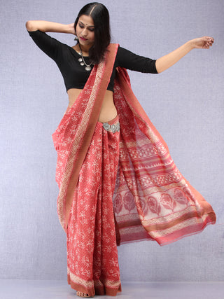Pink Ivory Hand Block Printed Chanderi Saree With Geecha Border - S031704507