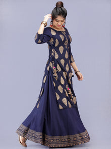Aalia - Indigo Gold Block Print Kurta & Skirt Dress With Tassels - D380F2001