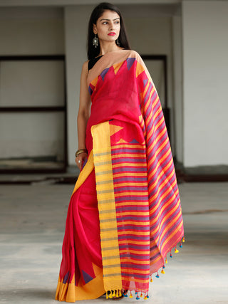 Red Yellow Purple Handwoven Linen Jamdani Saree With Tassels - S031703775