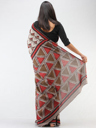 Beige Brown Red Hand Block Printed Cotton Mul Saree - S031704454