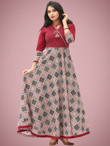 Fiza - Maroon Beige Hand Block Bagh Printed Urave Cut Long Dress - D397F2088