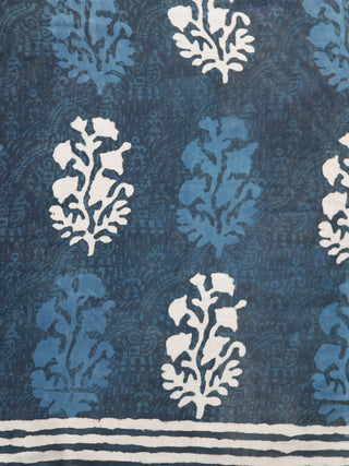 Indigo White Grey Hand Block Printed Cotton Mul Saree - S031703483
