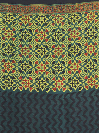 Bottle Green Black Lime Green Ajrakh Hand Block Printed Modal Silk Saree - S031704118