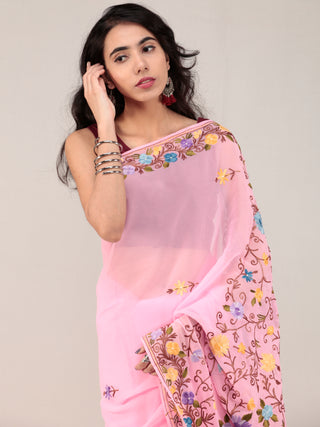 Baby Pink Aari Embroidered Georgette Saree From Kashmir - S031704626