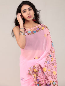 Baby Pink Aari Embroidered Georgette Saree From Kashmir - S031704626