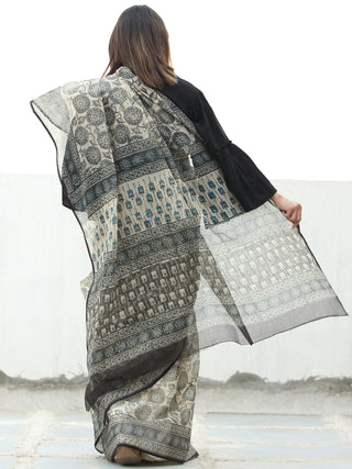 Beige Indigo Black Hand Block Printed Kota Doria Saree  - S031704071