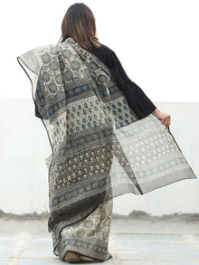 Beige Indigo Black Hand Block Printed Kota Doria Saree  - S031704071